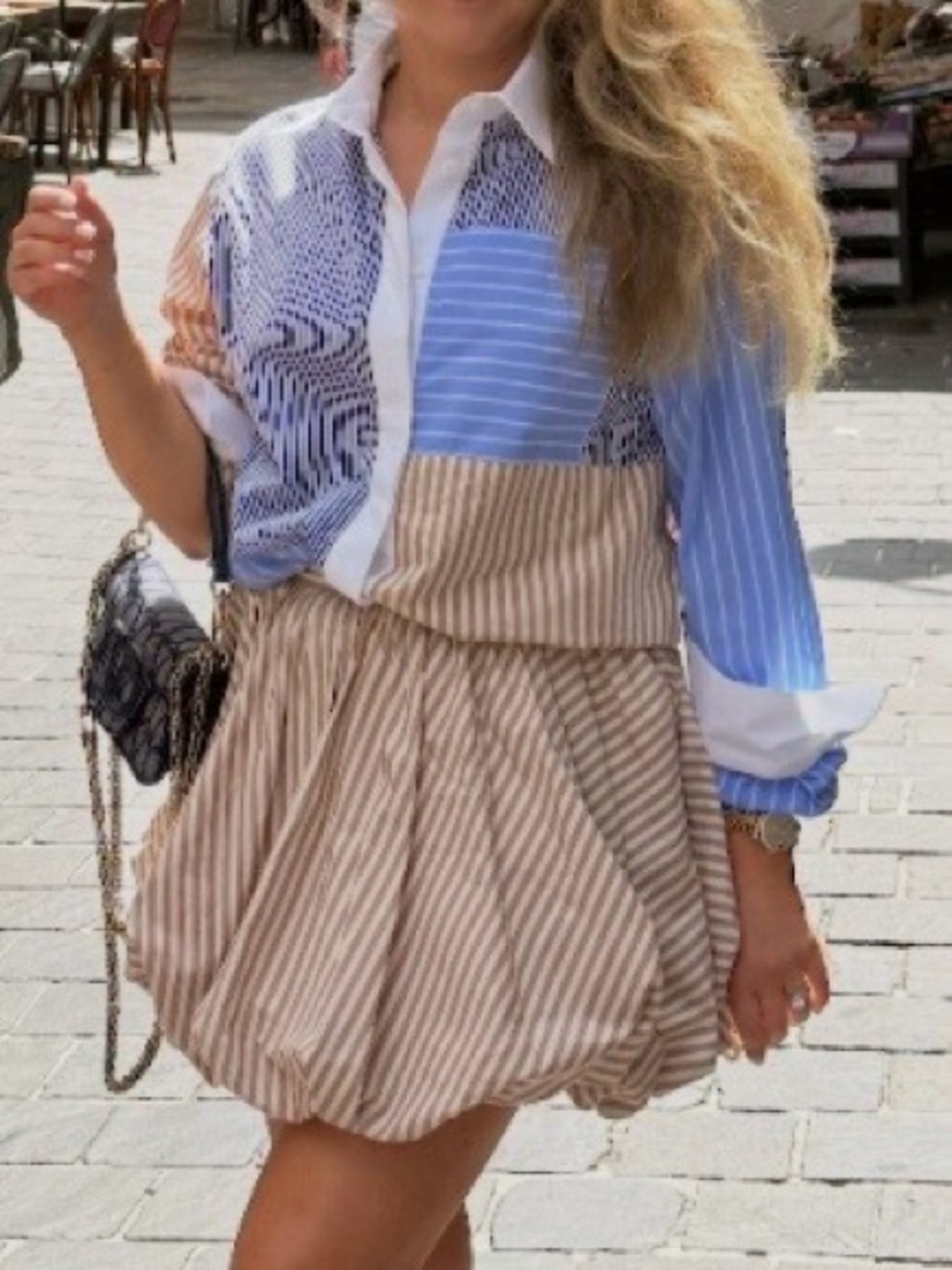 Sandro Patchwork Stripe Button-Down Shirt and bubble skirt set - Picture 2 of 10